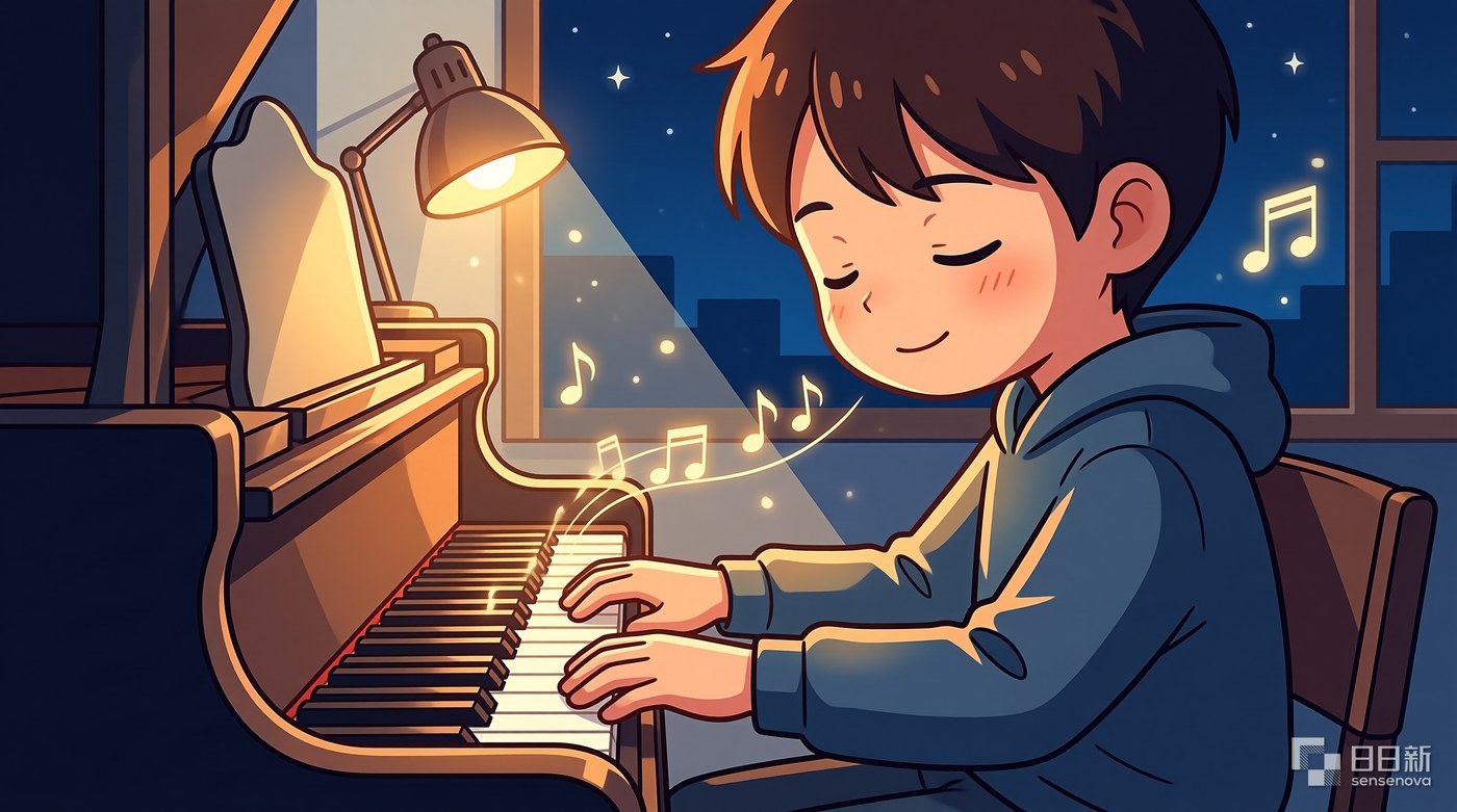 深夜弹琴的少年,音符像萤火虫一样绕着他飞——心流里的人,不知道累